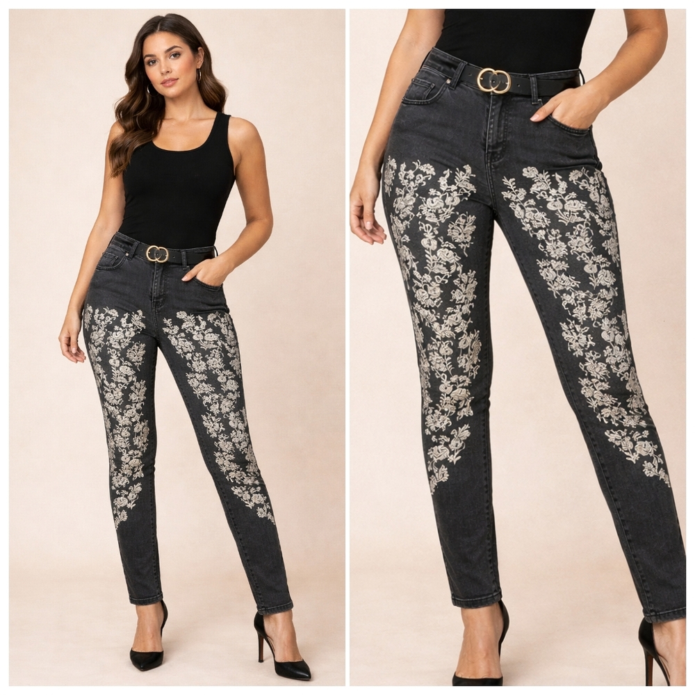 🔥 (5for$35) V CRISTINA Elegant Floral Embroidered Skinny Jeans